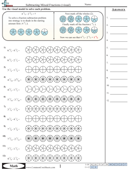 Fraction Worksheets - Subtracting Mixed Fractions (Visual) worksheet
